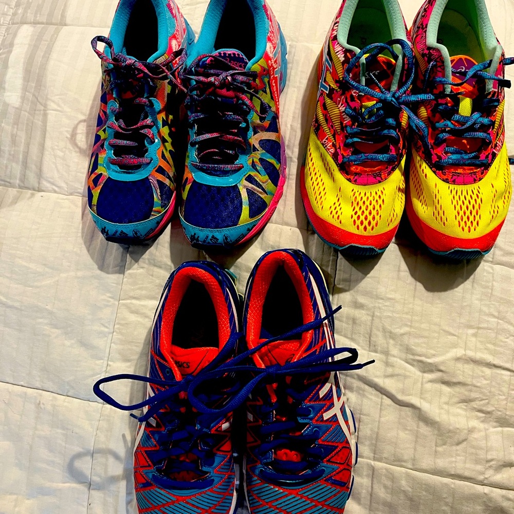 3 pairs of colorful ASICS - sizes 9 or 9 1/2